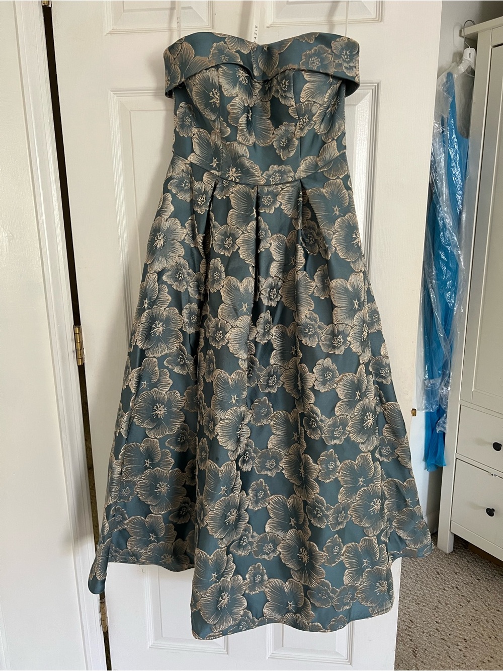 Azazie Teal and Gold Strapless Floral Girls Dress